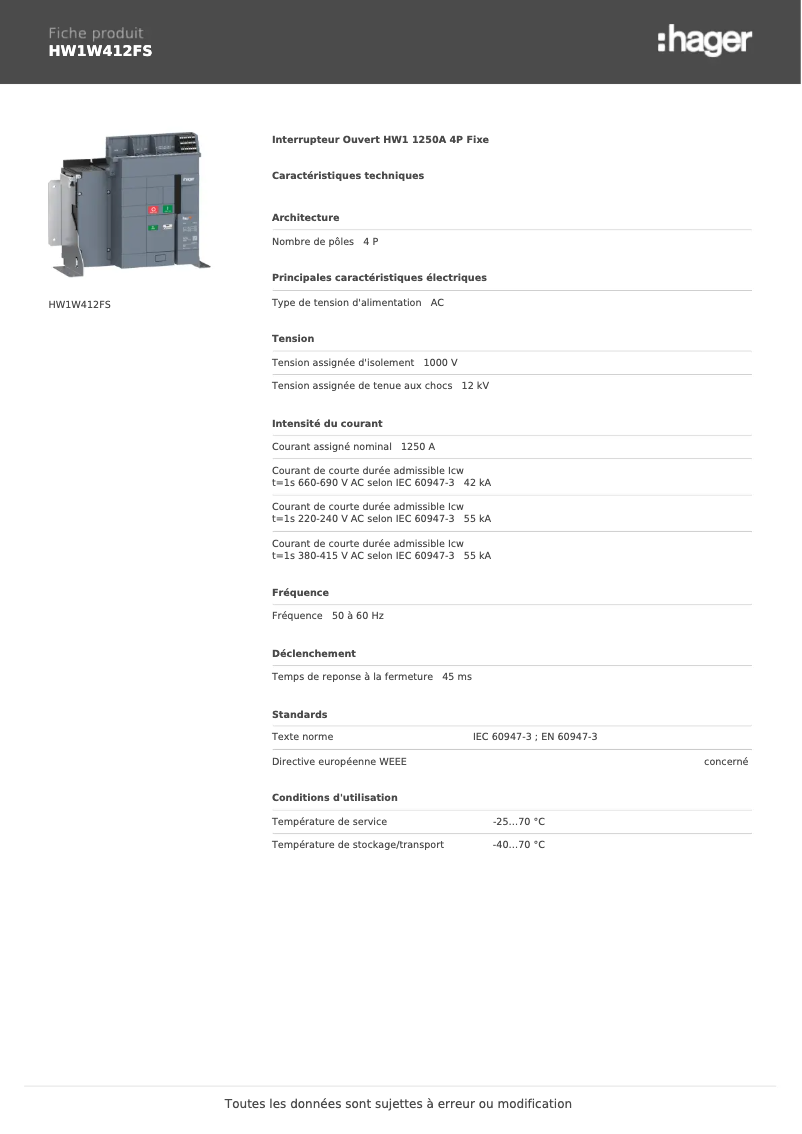 Image de la première page du manuel de l'appareil HW1W412FS