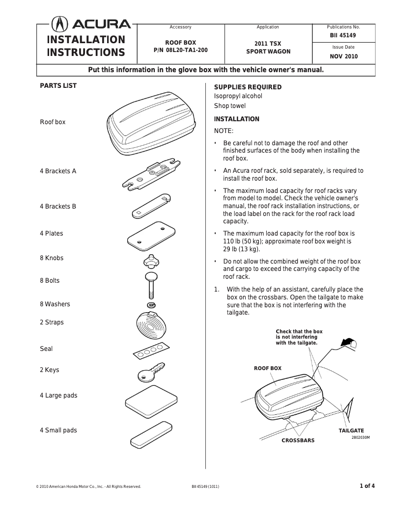 Page 1 de la notice Manuel utilisateur Acura Roof Box P/N 08L20-TA1-200