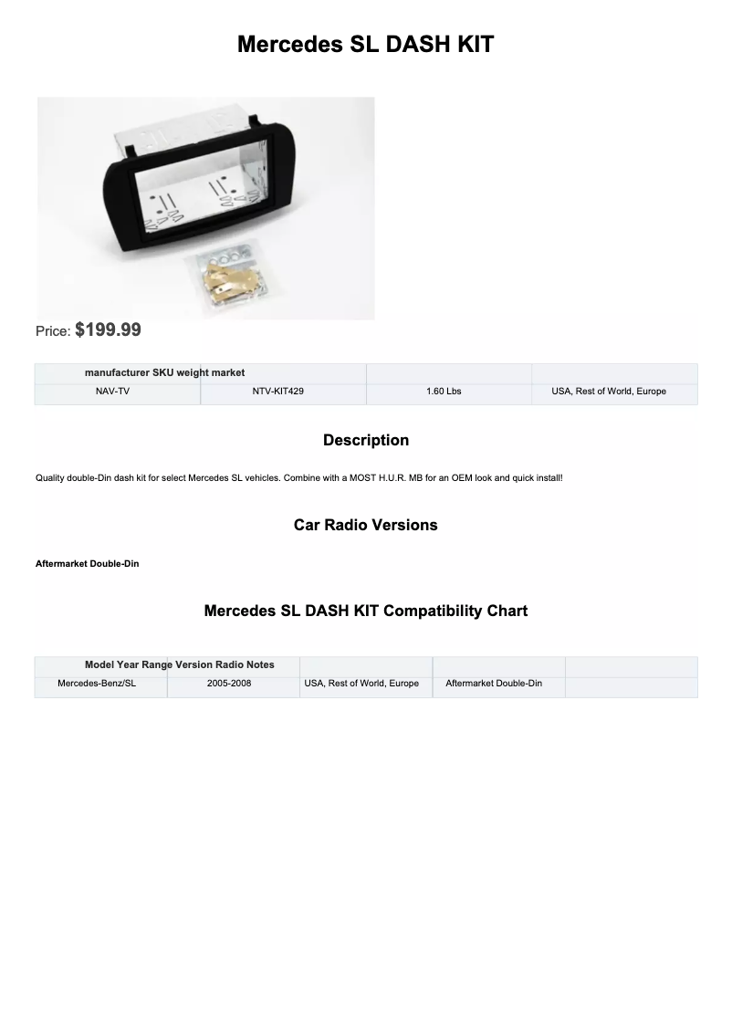 Page n°1 - Manuel utilisateur NAV-TV Dash Kit NTV-KIT429
