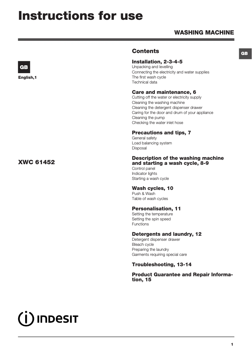 Page 1 de la notice Manuel utilisateur Indesit XWC 61452 S UK