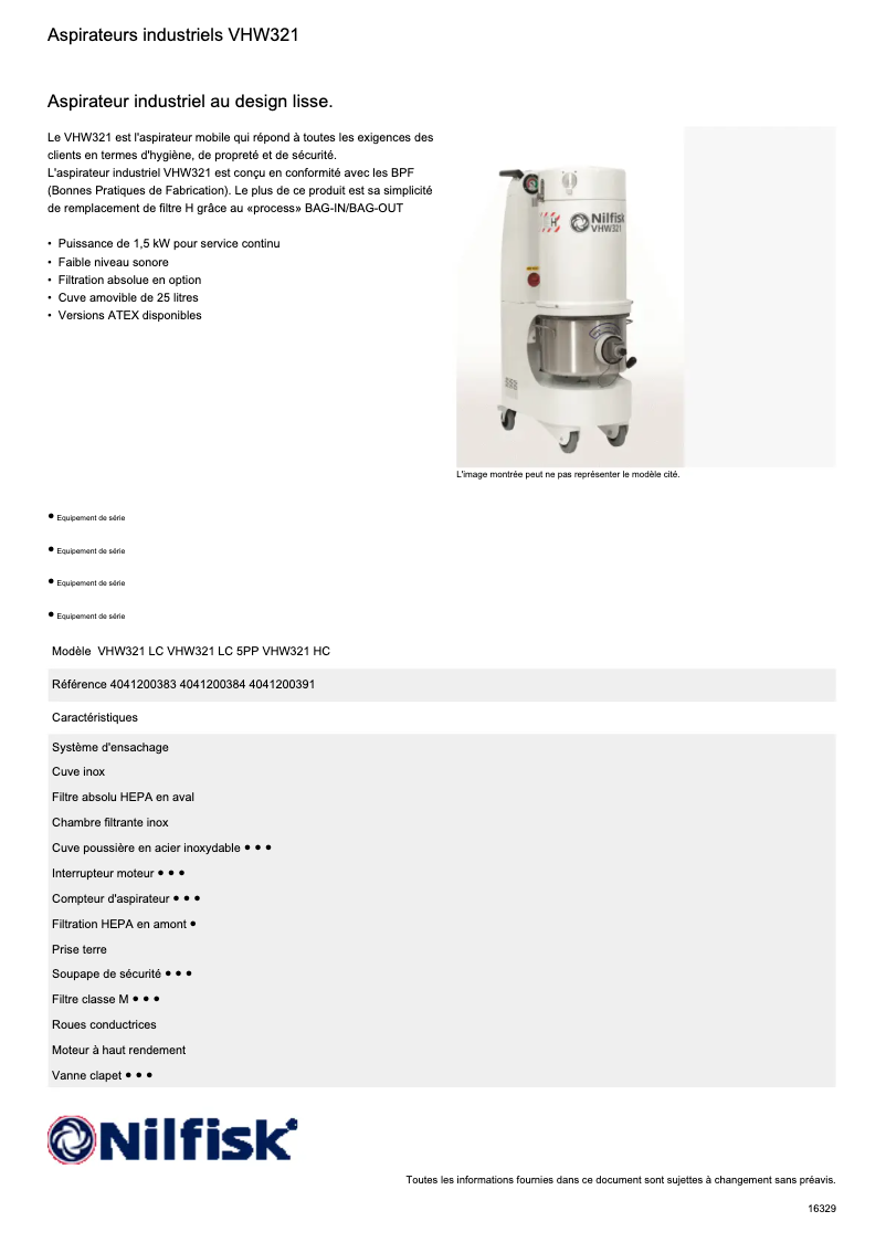 Page 1 de la notice Fiche technique Nilfisk VHW321