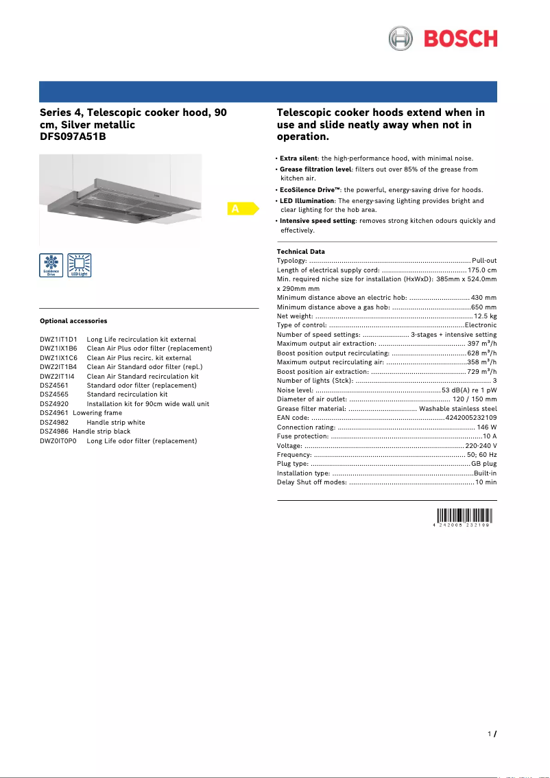 Page 1 de la notice Fiche technique Bosch DFS097A51B