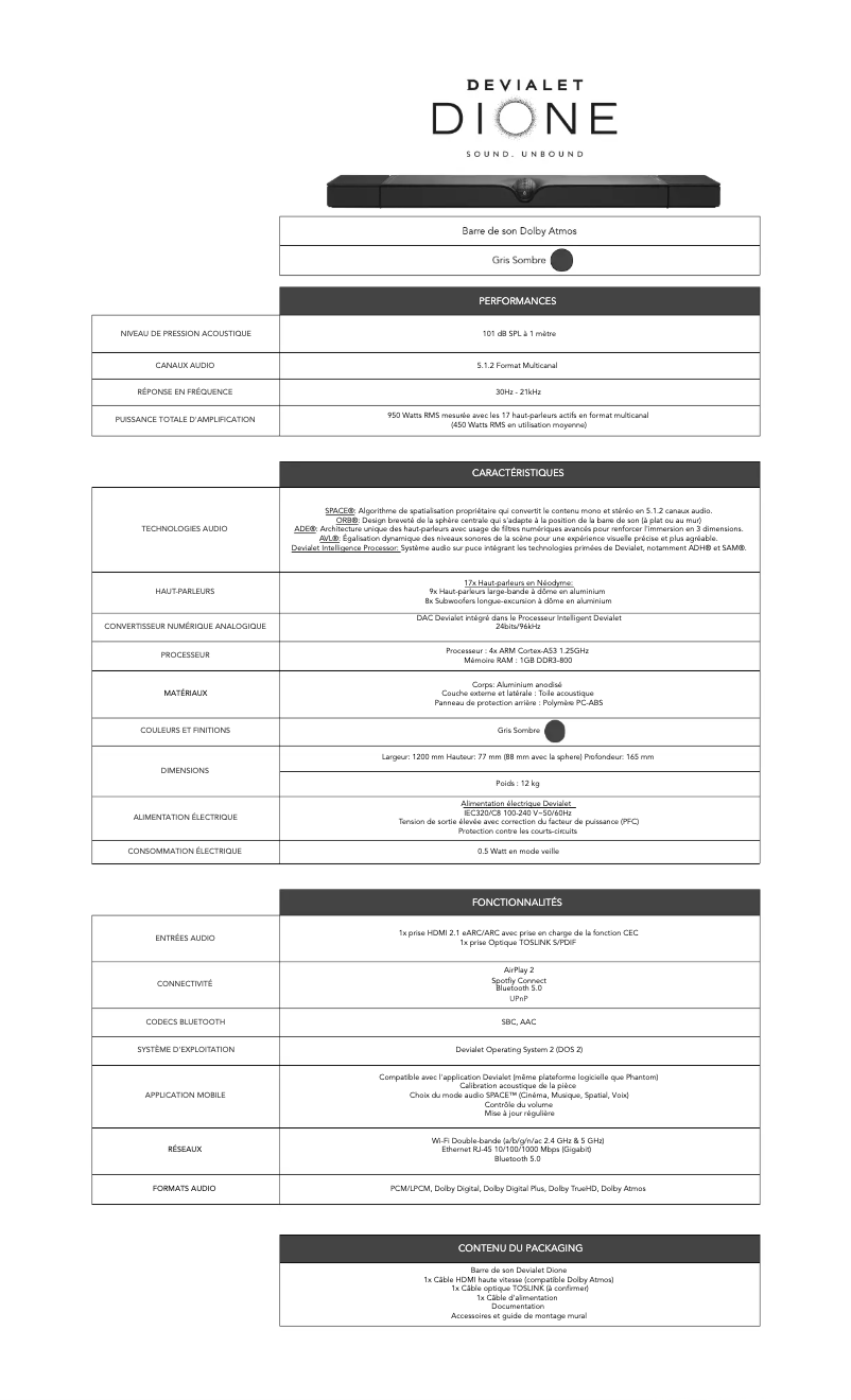Page 1 de la notice Fiche technique Devialet Dione