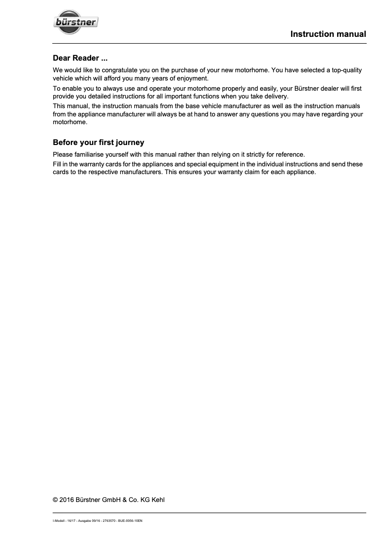 Page 1 de la notice Manuel utilisateur Bürstner I-Modell (2017)