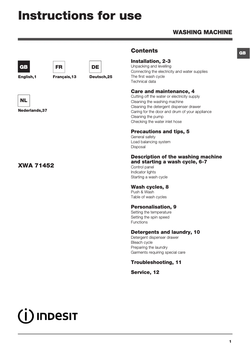 Página 1 del manual Manual de usuario Indesit XWA 71452