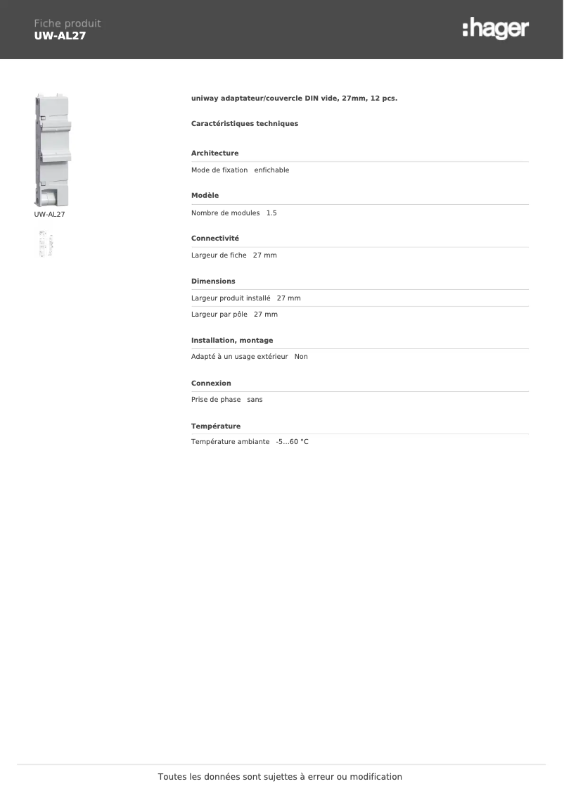 Page 1 de la notice Manuel utilisateur Hager UW-AL27