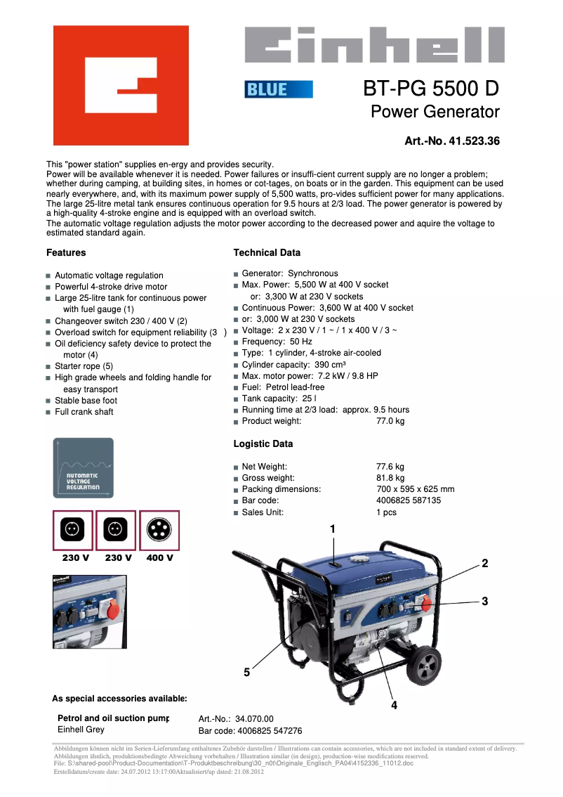Page n°1 - Manuel utilisateur Einhell BT-PG 5500 D