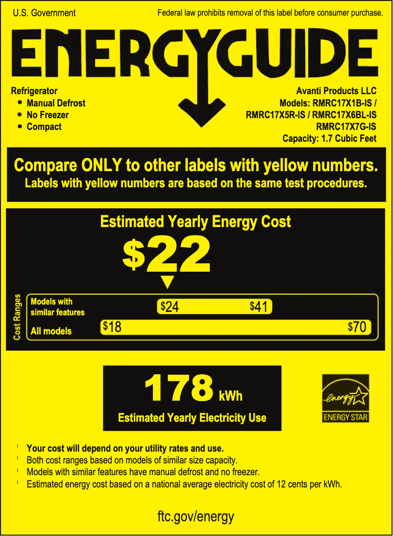 Page 1 de la notice Label énergétique Avanti RMRC17X1B-IS