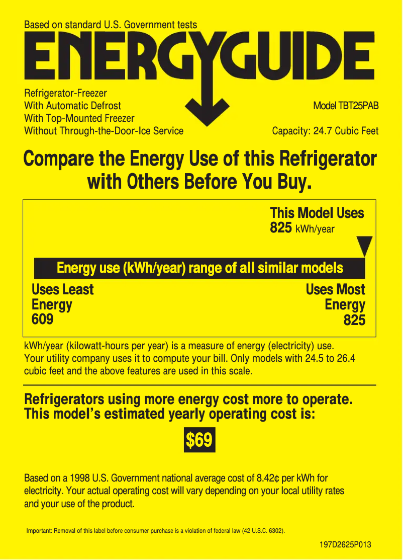 Page n°1 - Label énergétique GE Profile TBT25PABWW