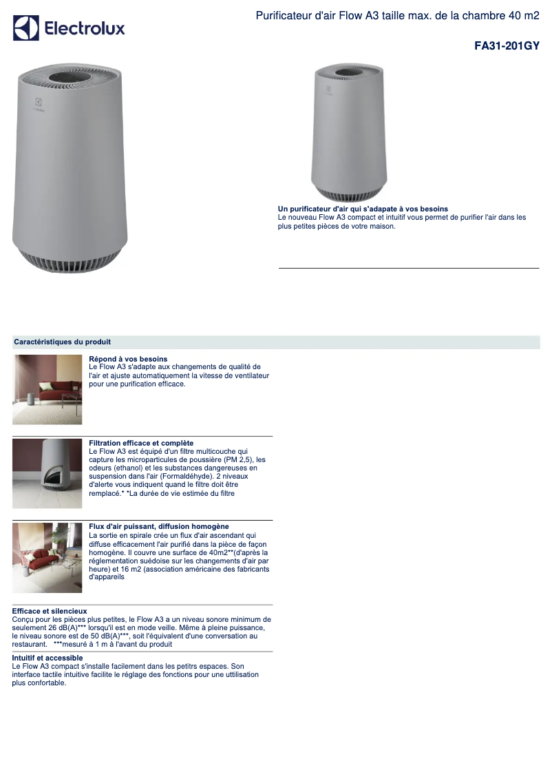 Page 1 de la notice Fiche technique Electrolux FA31-201GY
