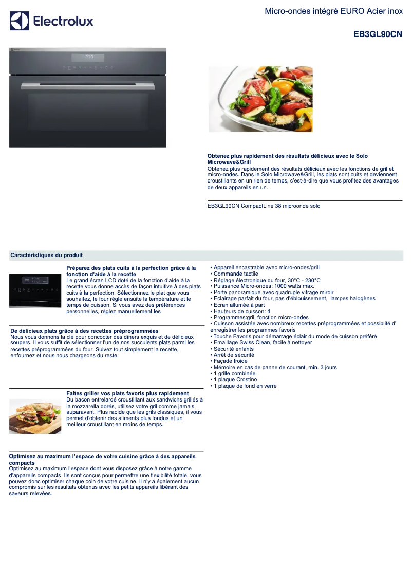 Page 1 de la notice Fiche technique Electrolux EB3GL90CN