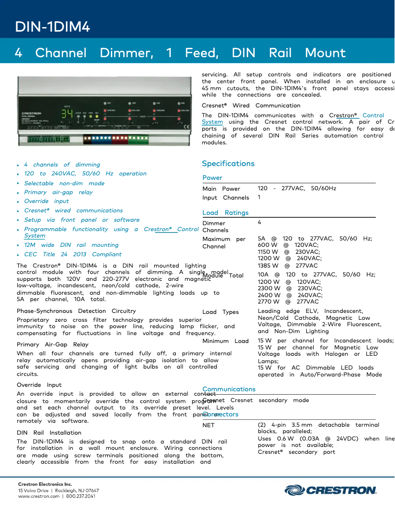 Page n°1 - Fiche technique Crestron DIN-1DIM4
