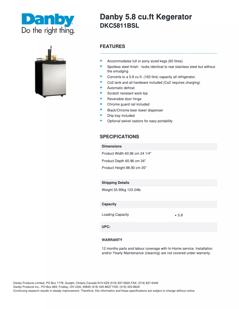 Página 1 del manual Ficha técnica Danby DKC5811BSL