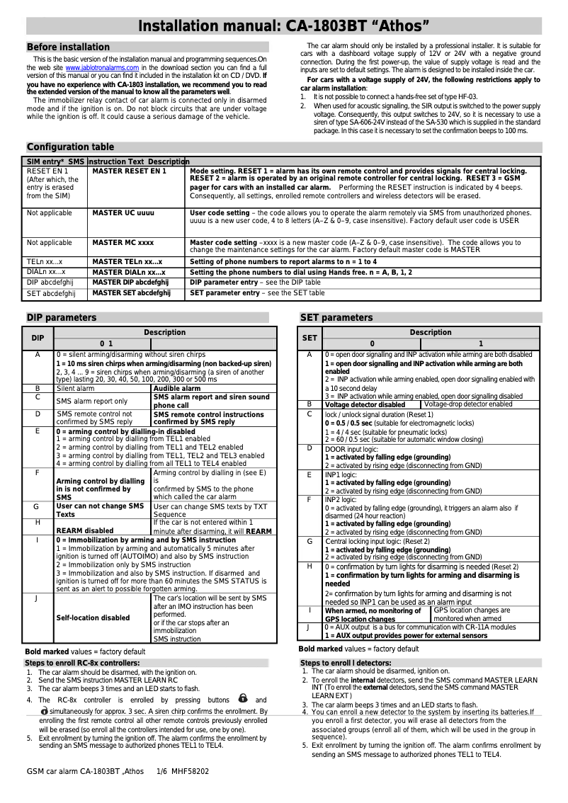 Image de la première page du manuel de l'appareil CA-1803BT Athos