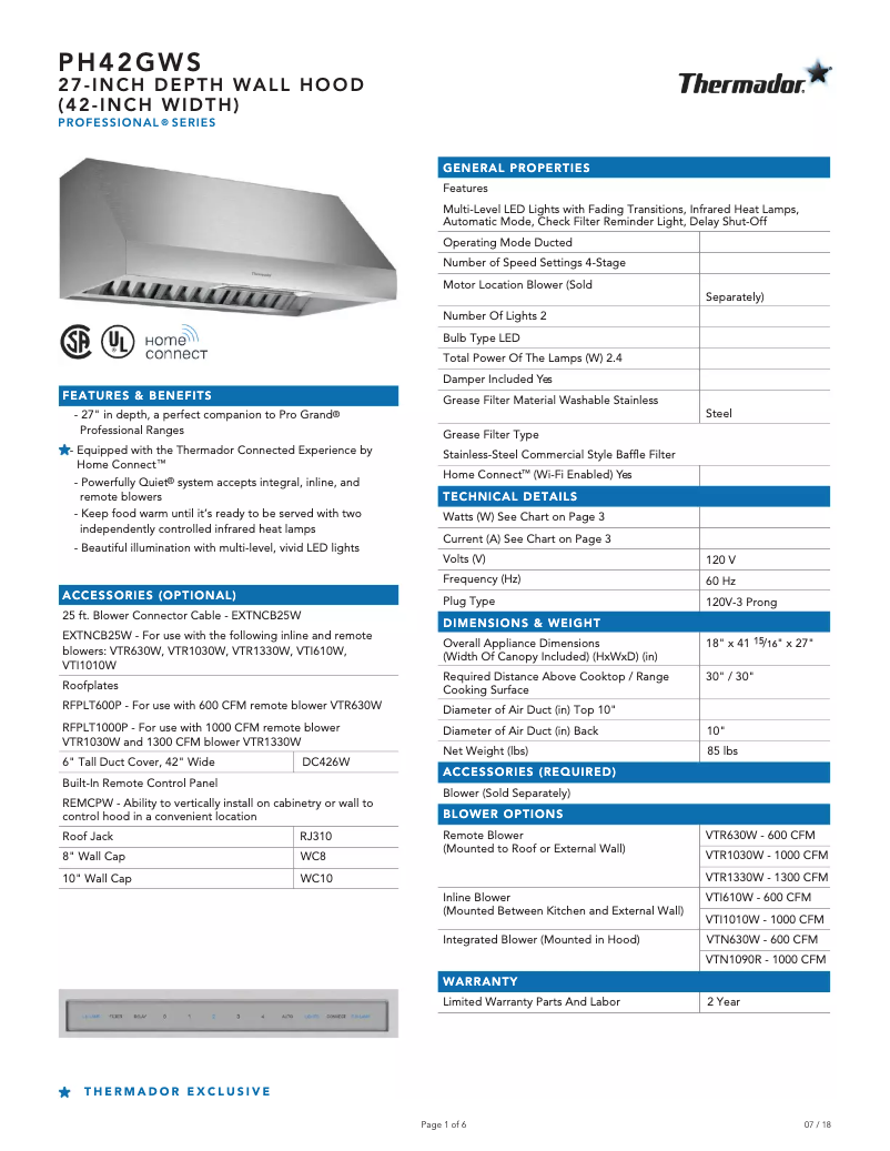 Página 1 del manual Ficha técnica Thermador PH42GWS
