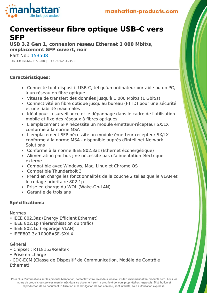 Page 1 de la notice Fiche technique Manhattan 153508