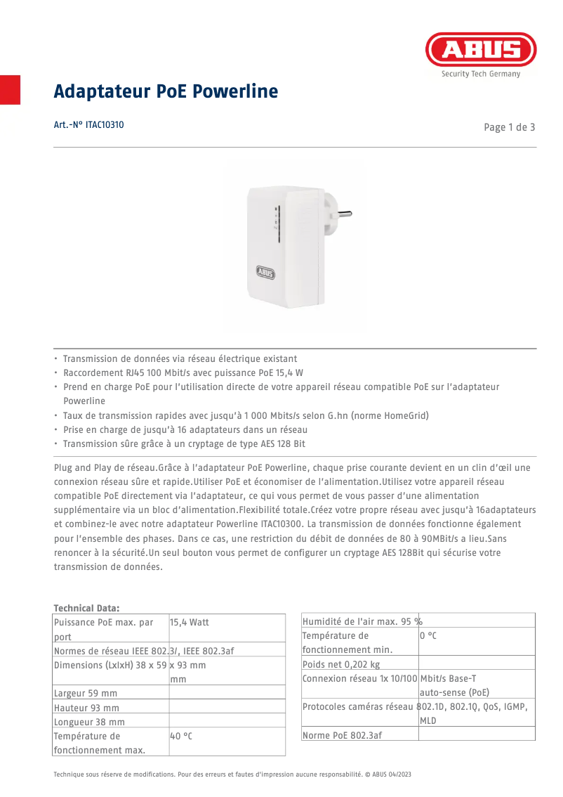 Page 1 de la notice Fiche technique Abus ITAC10310
