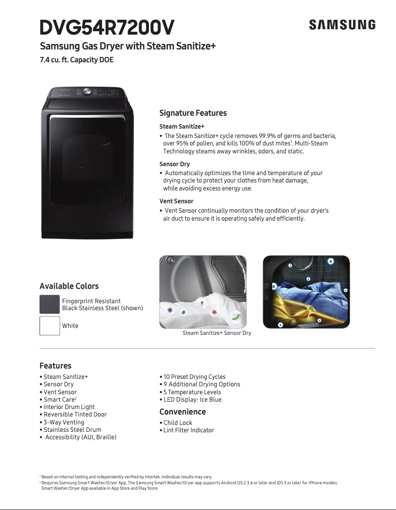 Page 1 de la notice Fiche technique Samsung DVG54R7600W