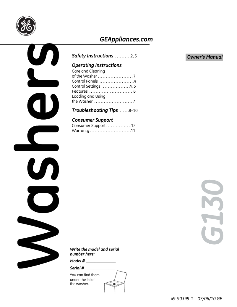 Page n°1 - Manuel utilisateur GE GTWP2000MWW