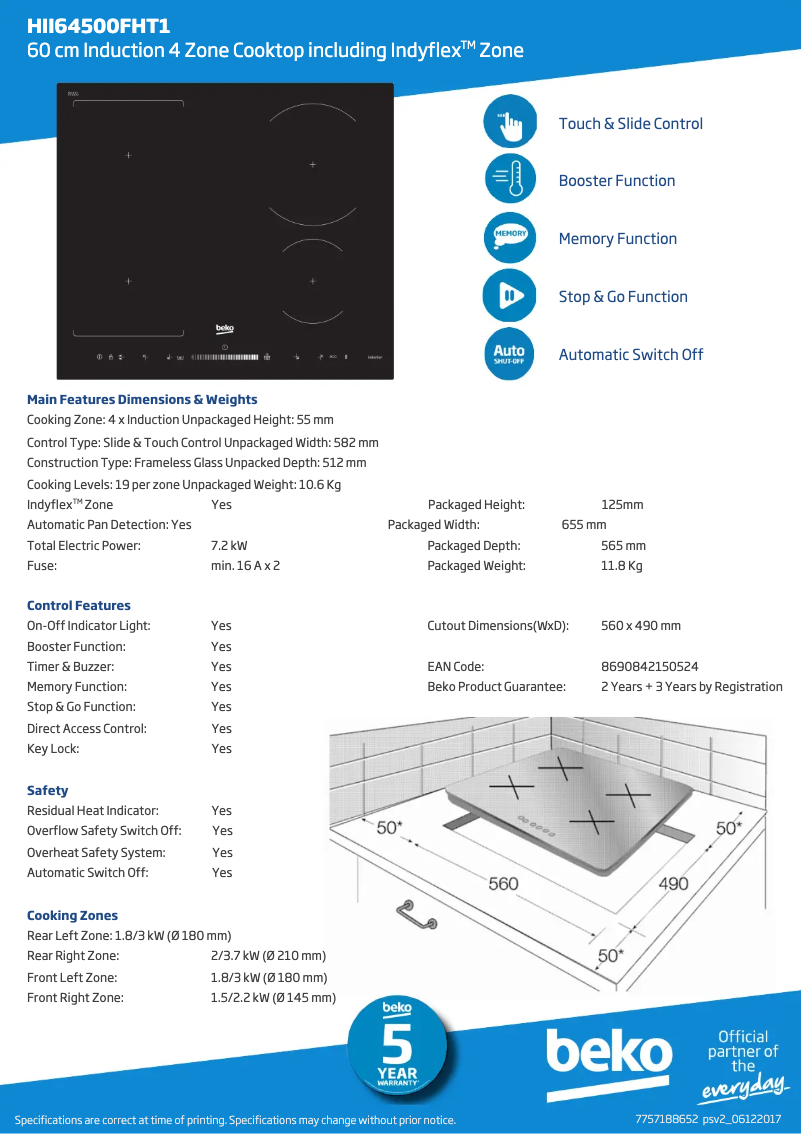 Page 1 de la notice Fiche technique Beko HII64500FHT1