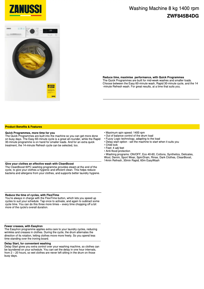 Image de la première page du manuel de l'appareil ZWF845B4DG