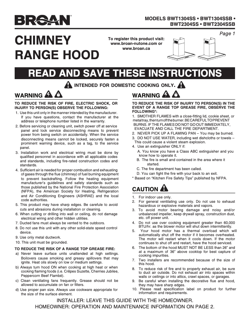 Page n°1 - Guide d'installation Broan BWT2304SSB