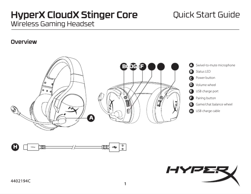 Page 1 de la notice Guide de démarrage rapide HyperX CloudX Stinger Core