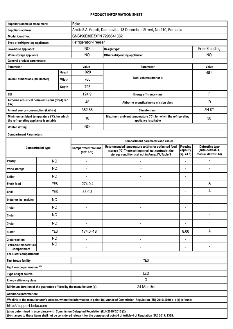 Page 1 de la notice Fiche technique Beko GNE490E30DZXPN