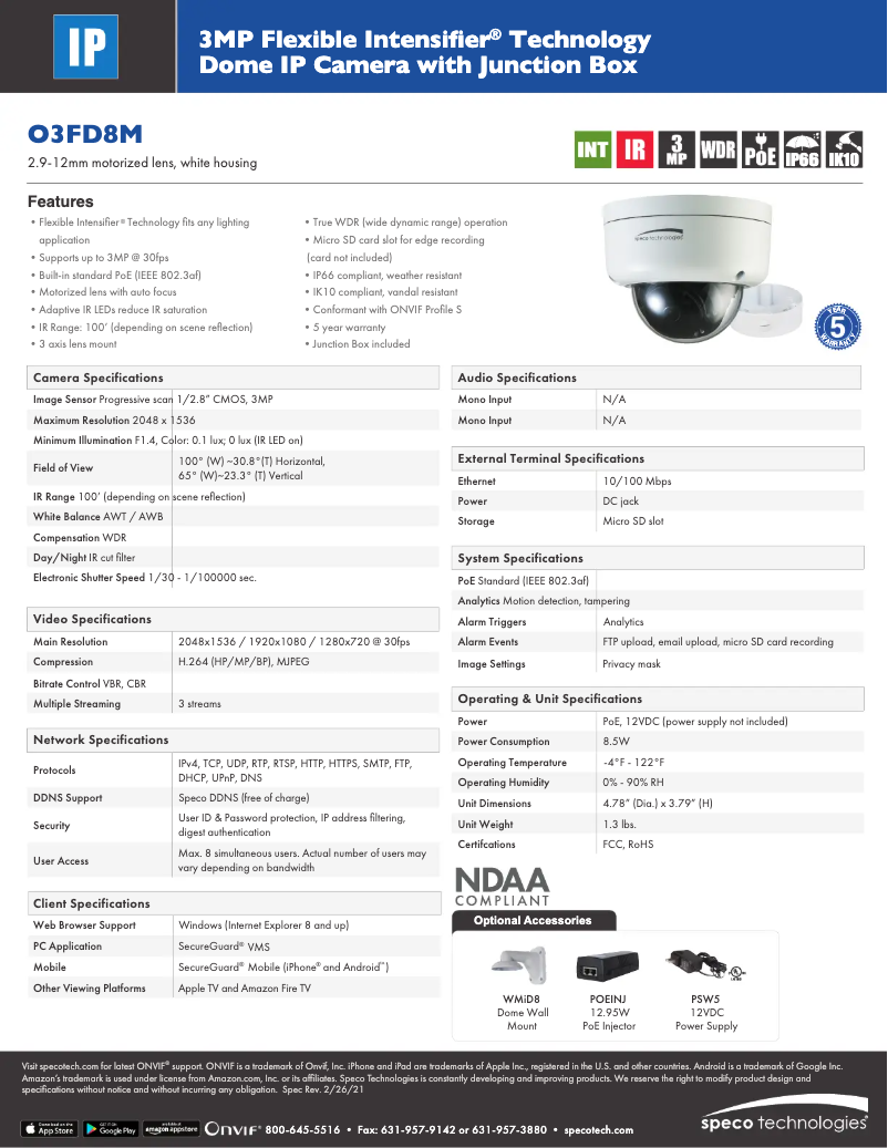Page 1 de la notice Fiche technique Speco Technologies O3FD8M