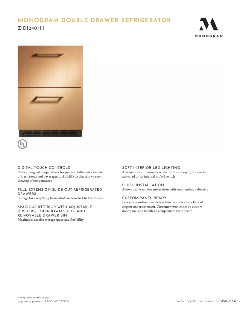 Page 1 de la notice Fiche technique Monogram ZIDI240HII