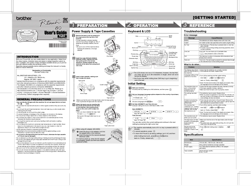 Image de la première page du manuel de l'appareil P-Touch 80
