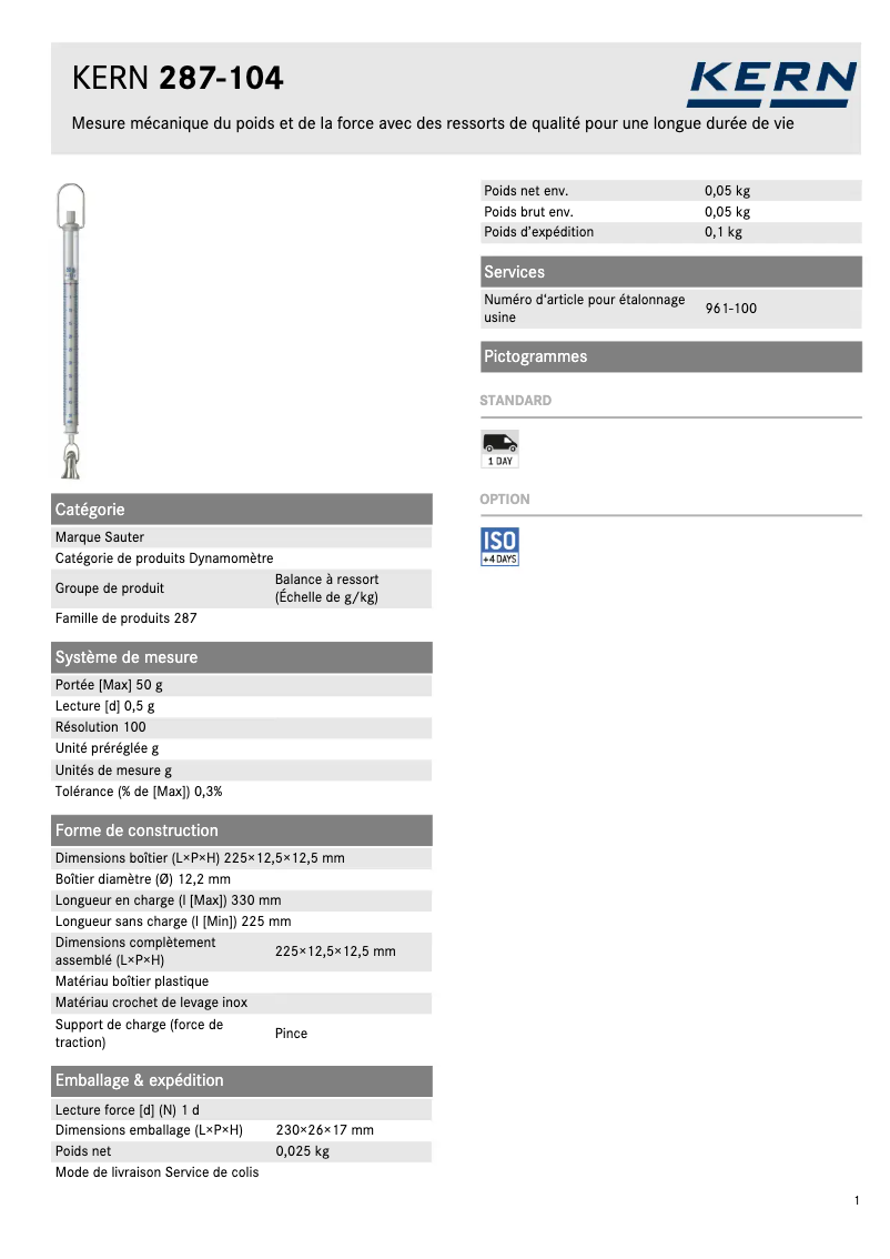Page 1 de la notice Fiche technique Kern 287-104