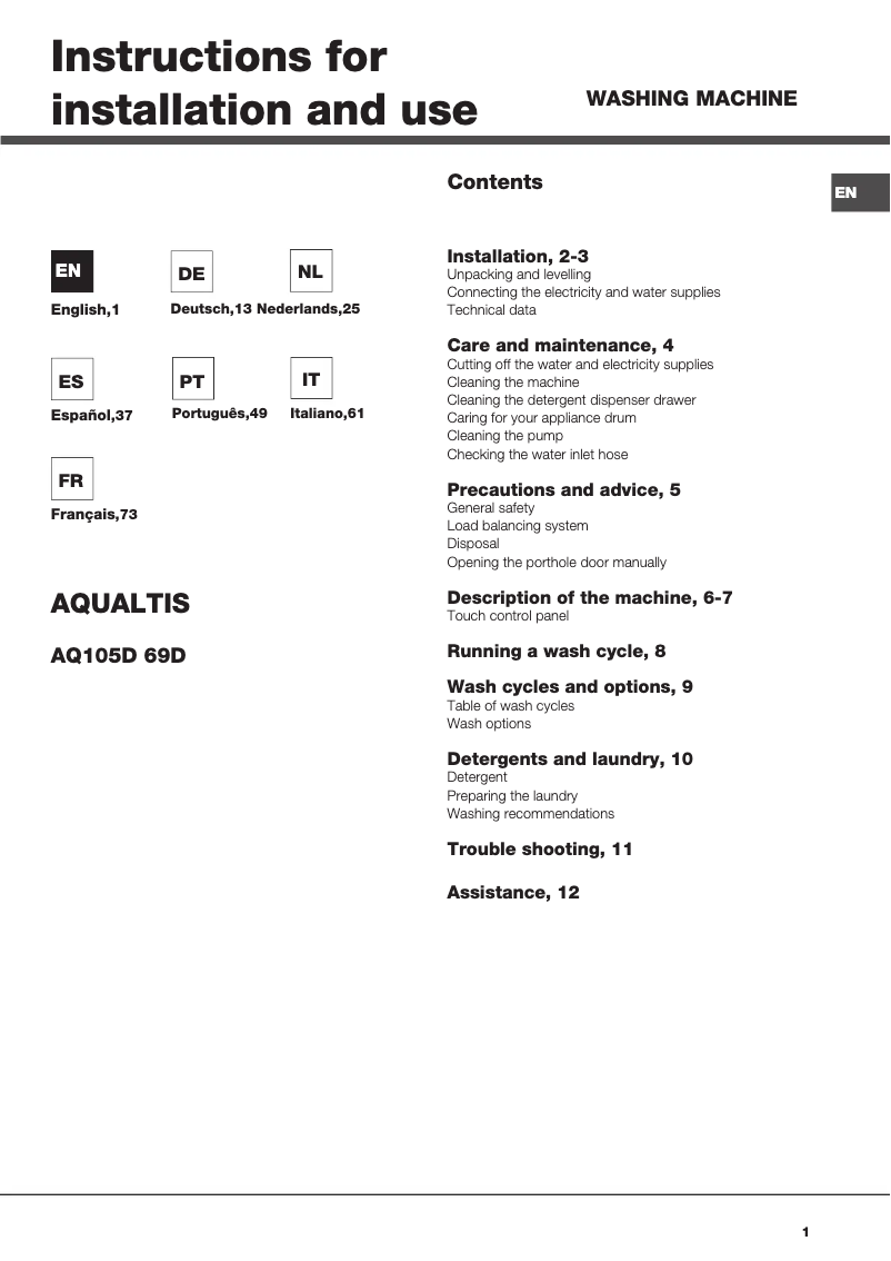 Page n°1 - Manuel utilisateur Hotpoint Ariston Aqualtis AQ105D 69D EU