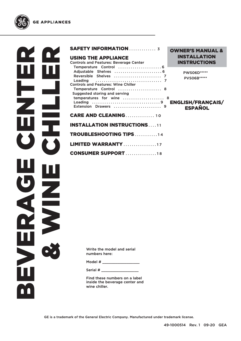 Page 1 de la notice Manuel d'utilisation et d'entretien GE Profile PVS06BSPSS