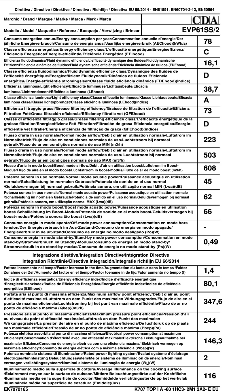 Page 1 de la notice Fiche technique CDA EVP61SS