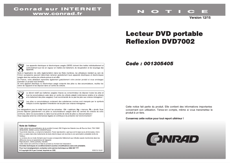 Page 1 de la notice Manuel utilisateur Reflexion DVD7002