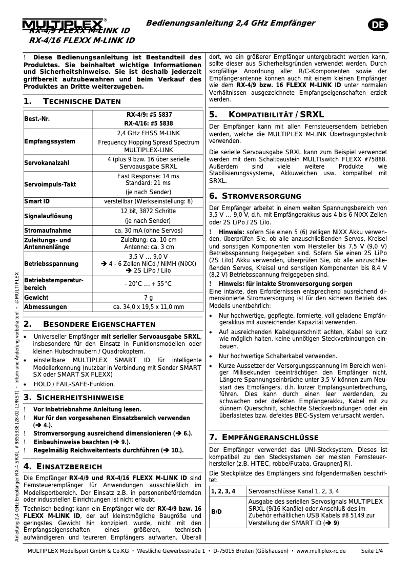 Page 1 de la notice Manuel utilisateur Multiplex RX-4/16 FLEXX