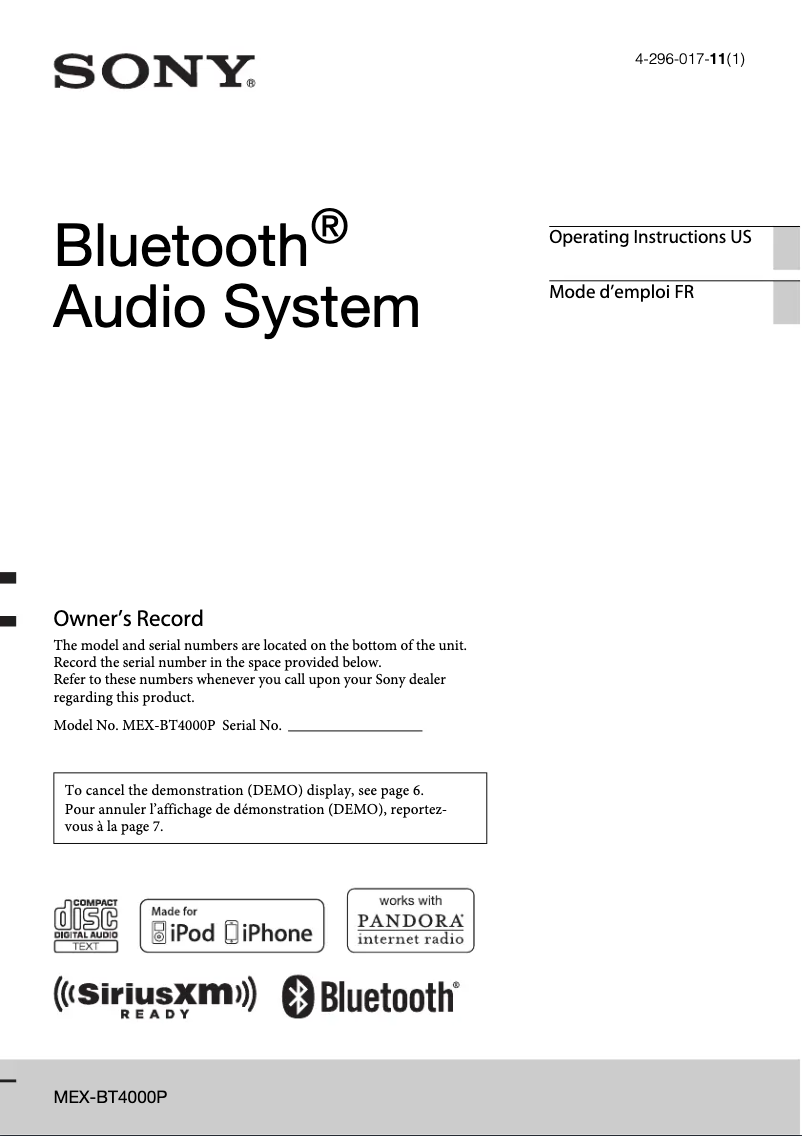 Página 1 del manual Manual de usuario Sony MEX-BT4000P