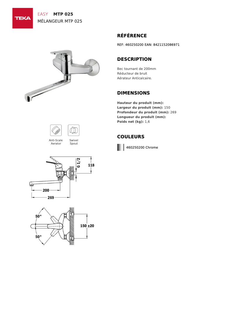 Page n°1 - Fiche technique Teka MTP 025
