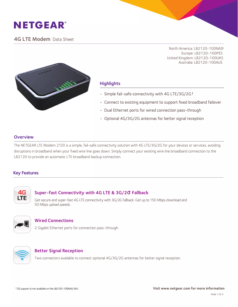 Page 1 de la notice Fiche technique Netgear LB2120