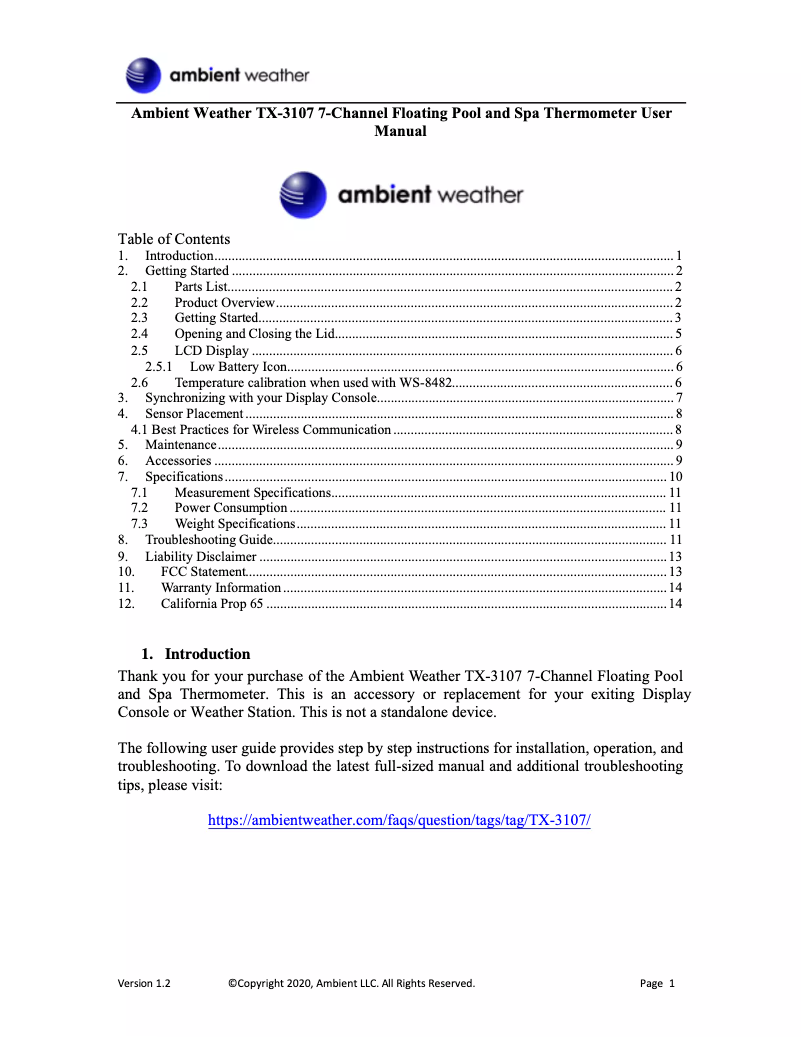Page n°1 - Manuel utilisateur Ambient Weather TX-3107