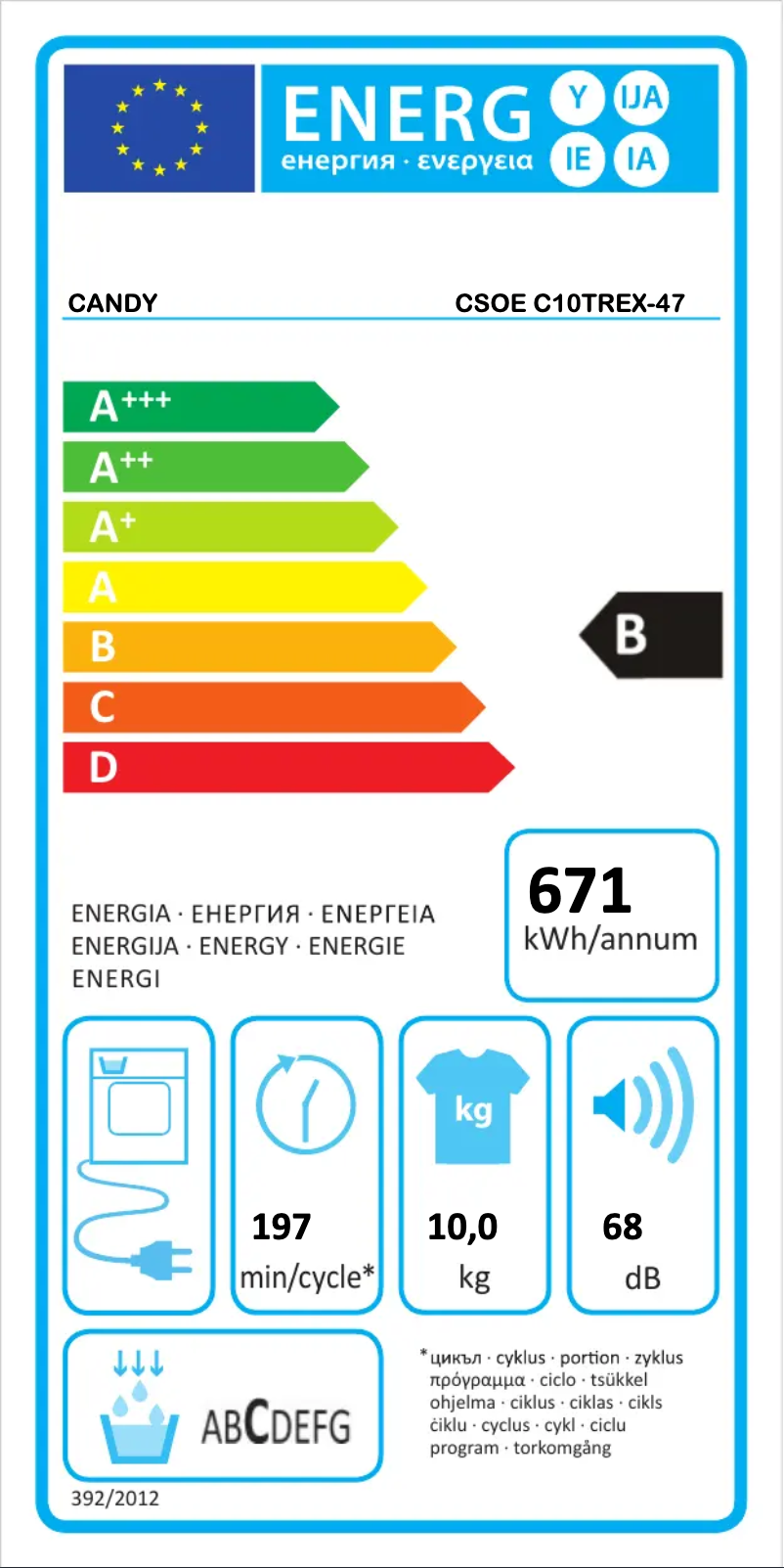 Page 1 de la notice Label énergétique Candy CSOE C10TREX-47