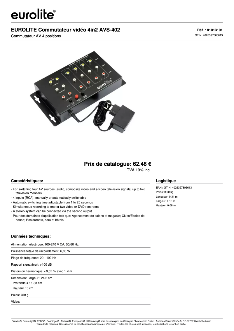 Page 1 de la notice Fiche technique Eurolite AVS-402