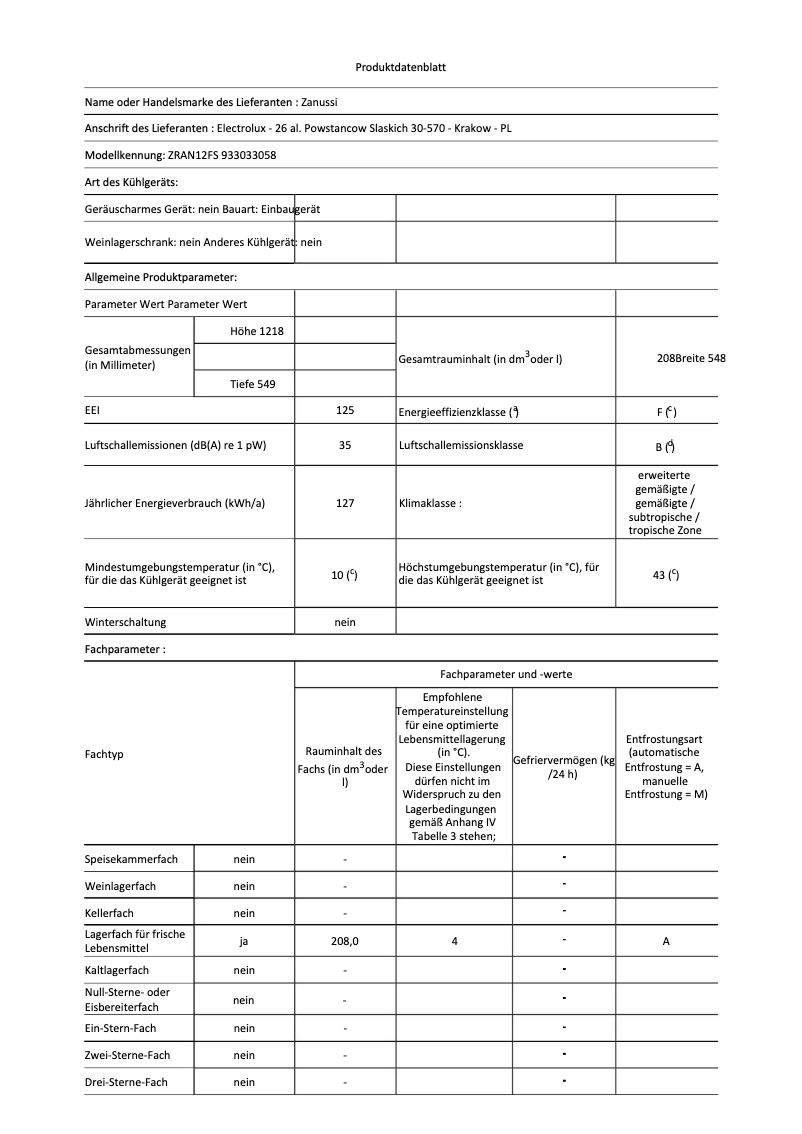 Page n°1 - Fiche technique Zanussi ZRAN12FS