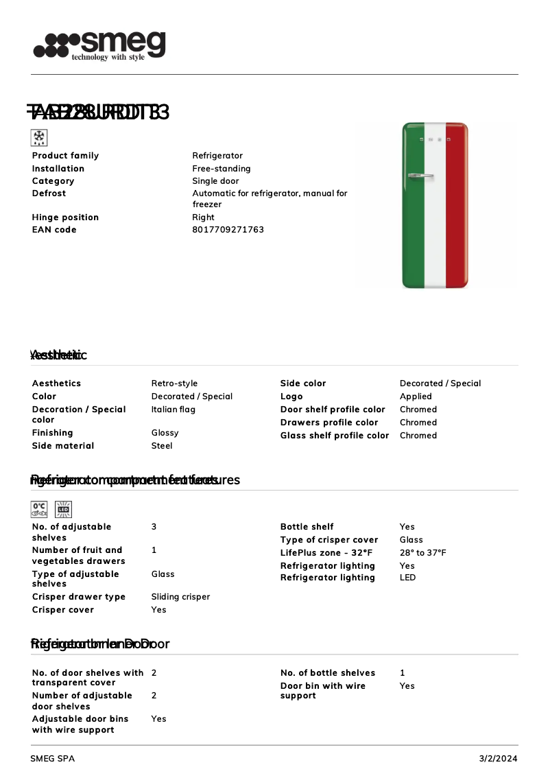Page 1 de la notice Fiche technique Smeg FAB28URDIT3