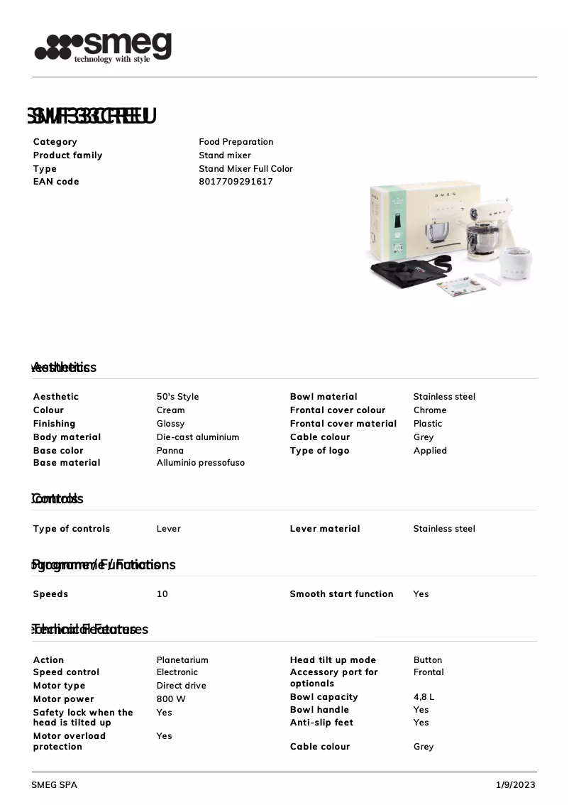 Page 1 de la notice Fiche technique Smeg SMF33