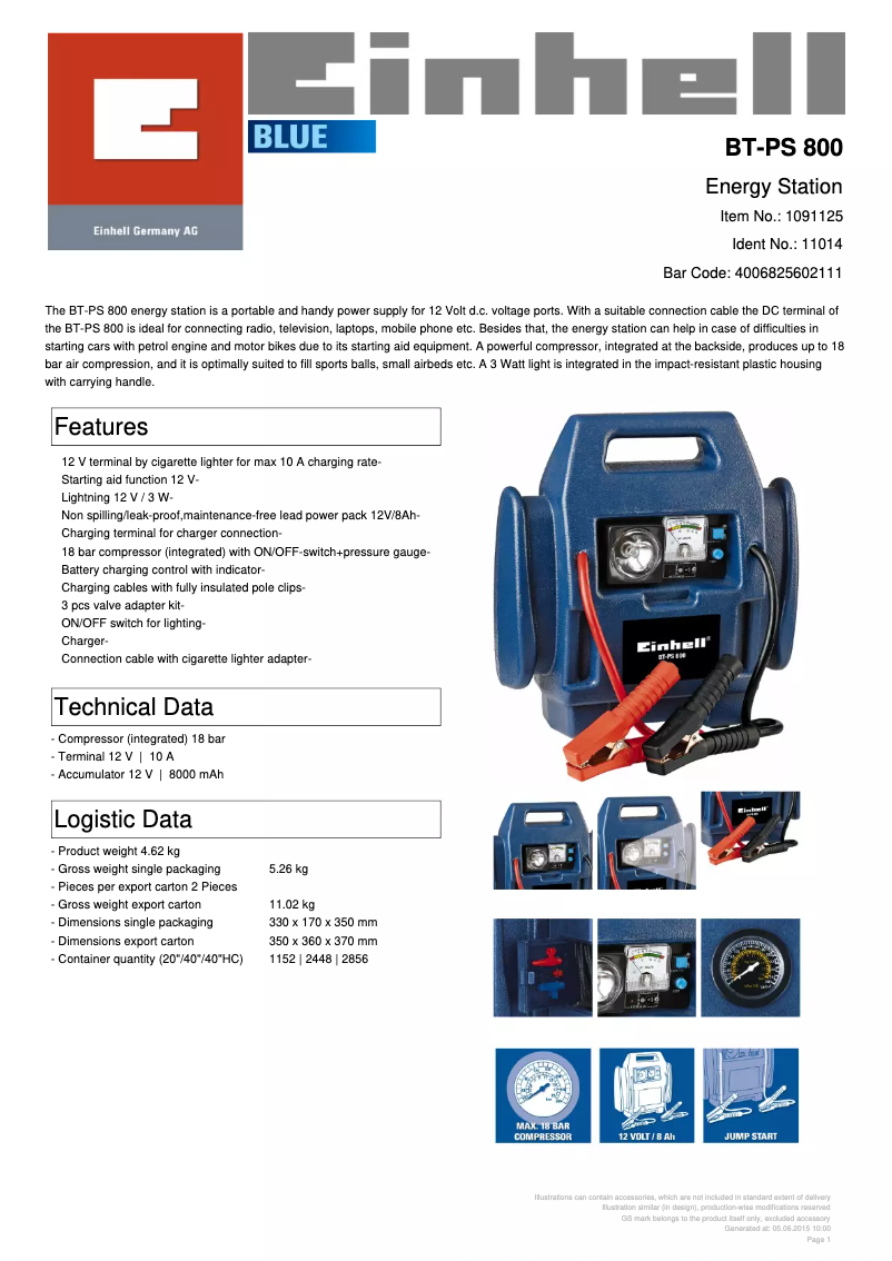 Page n°1 - Manuel utilisateur Einhell BT-PS 800