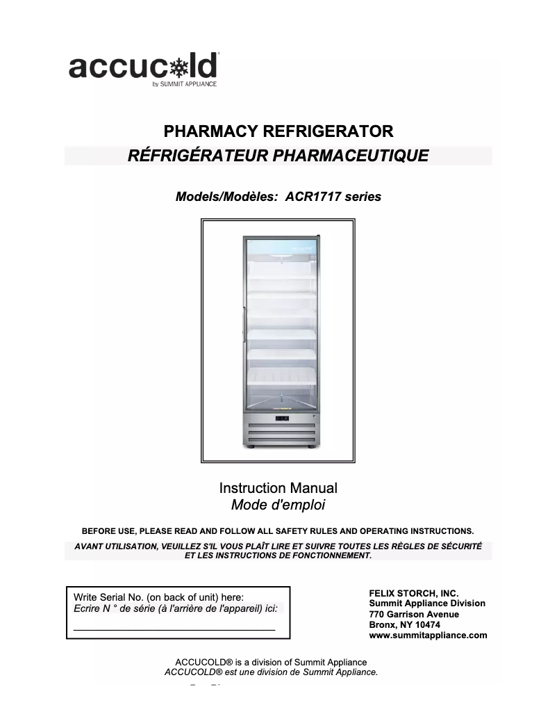 Page n°1 - Manuel d'utilisation et d'entretien Summit Accucold ACR1717RH