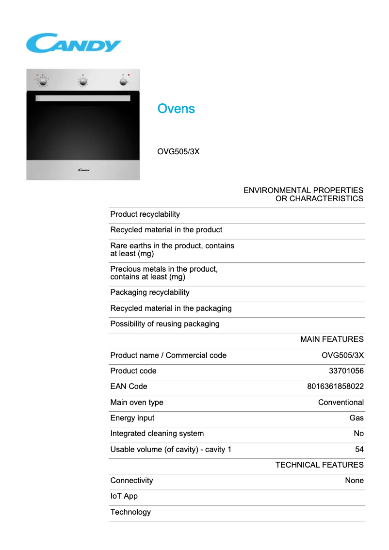 Page 1 de la notice Fiche technique Candy OVG505/3X