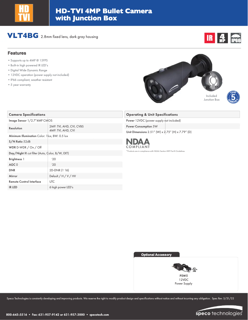 Page 1 de la notice Fiche technique Speco Technologies VLT4BG